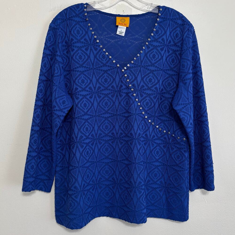 Ruby Rd Blue Medallion Faux Wrap Top 3/4 Sleeve Large